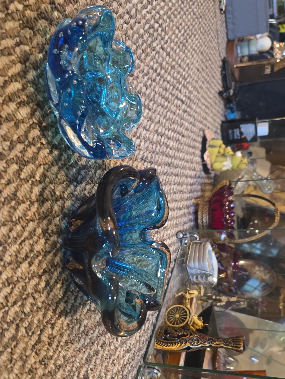 Set Of 2 Blue Handblown Glass Ruffled Bowl